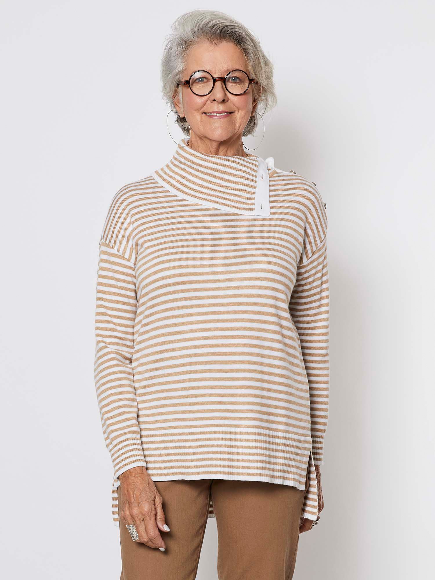 Button Neck Stripe Knit Jumper