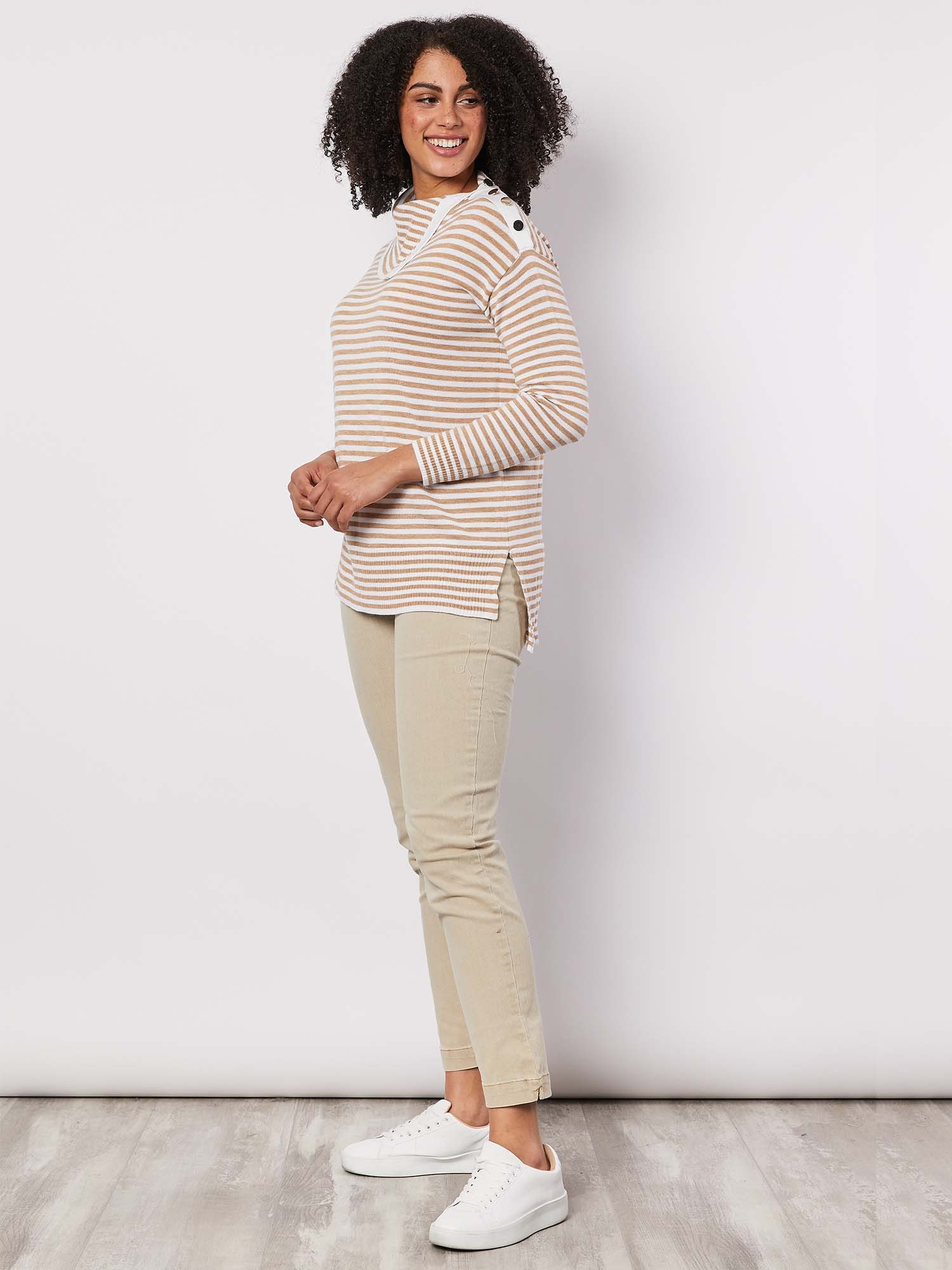 Button Neck Stripe Knit Jumper