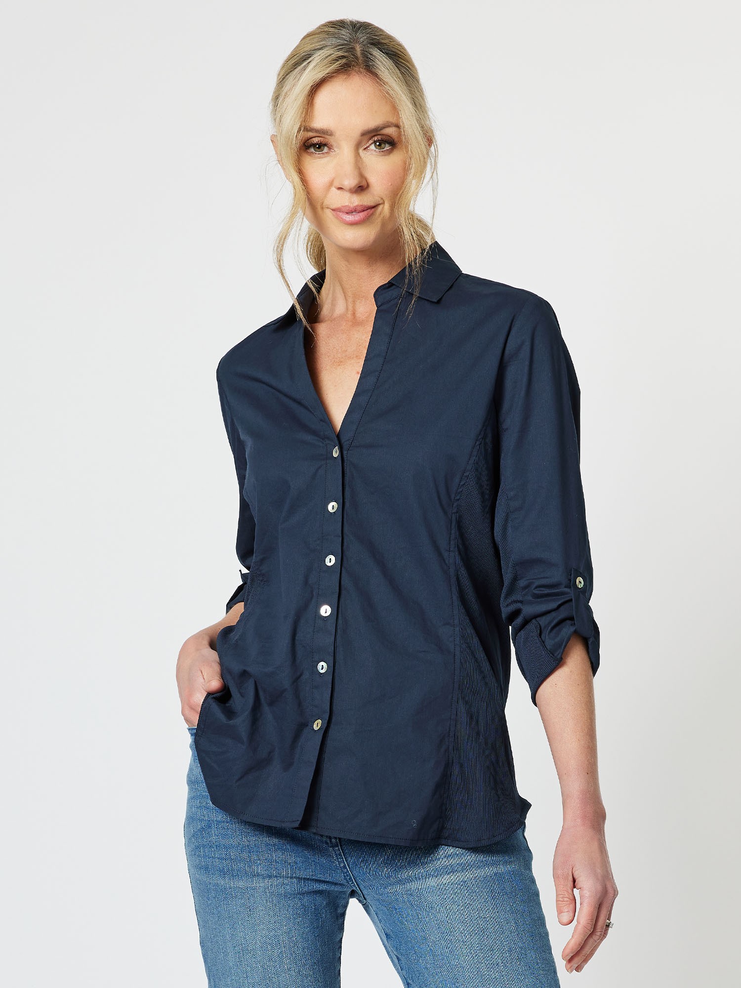 Rib Detail Stretch Cotton Shirt