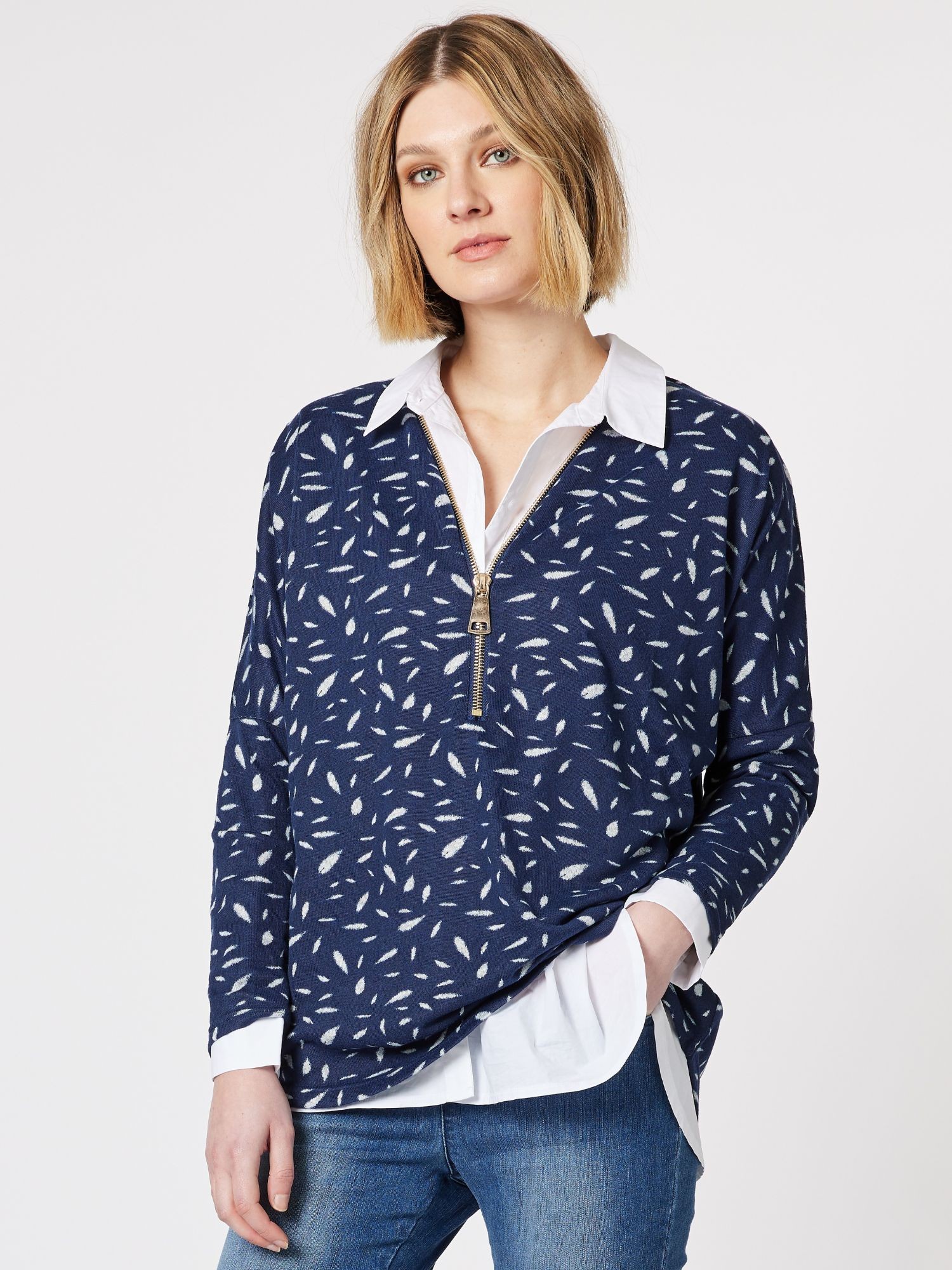 Printed Knit Zip Front Top