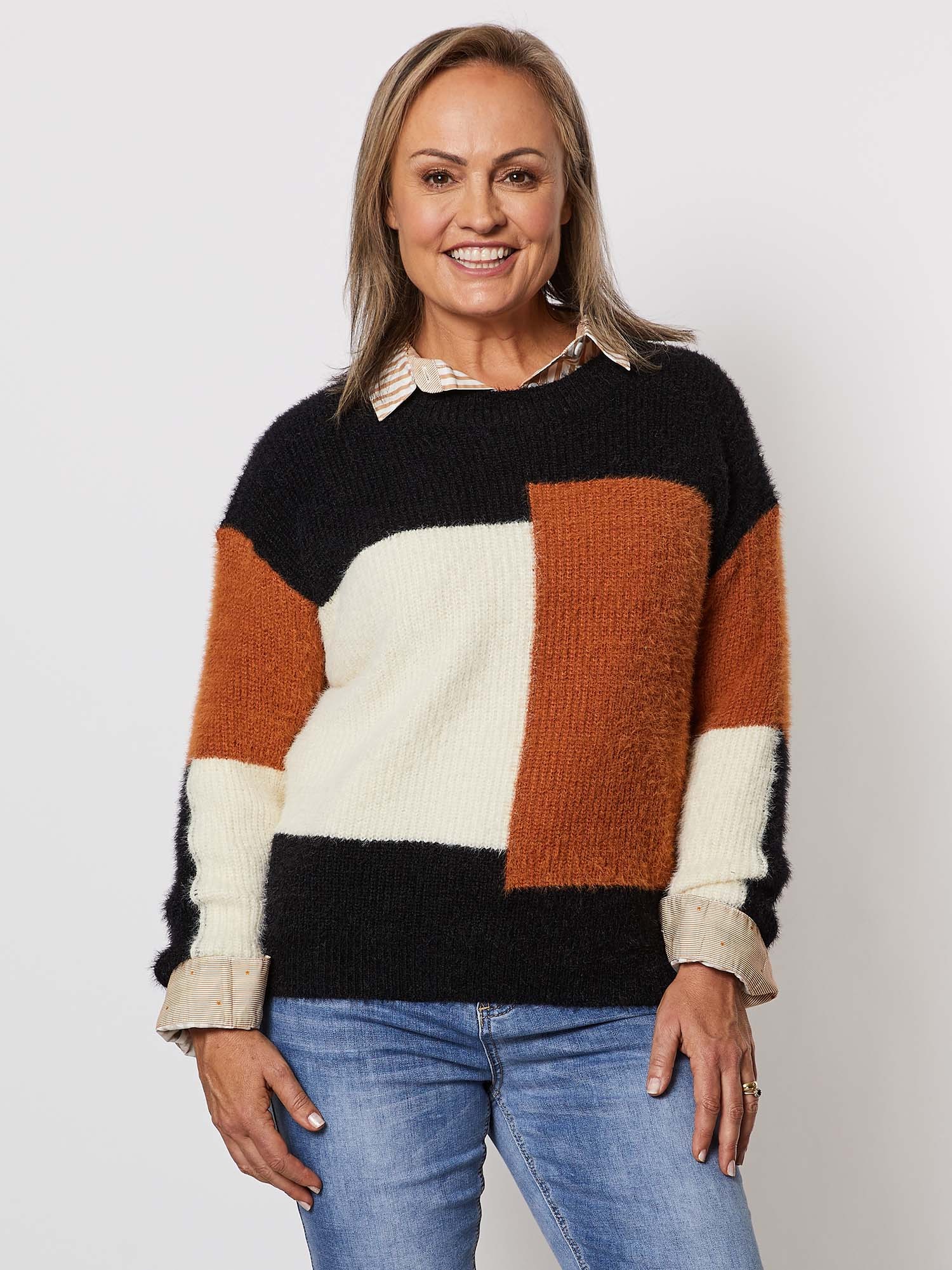 Fluffy Colour Block Knit Jumper