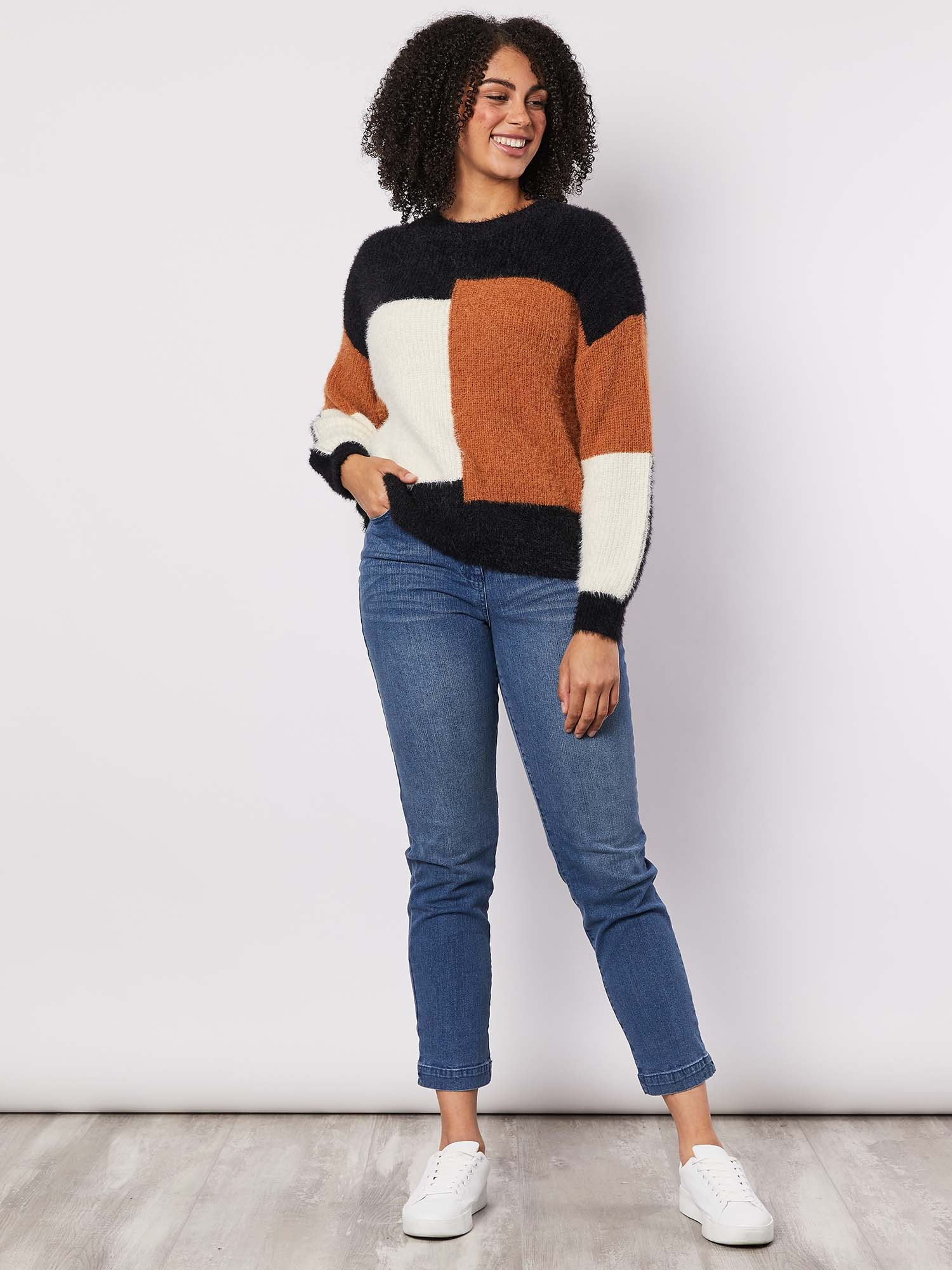 Fluffy Colour Block Knit Jumper