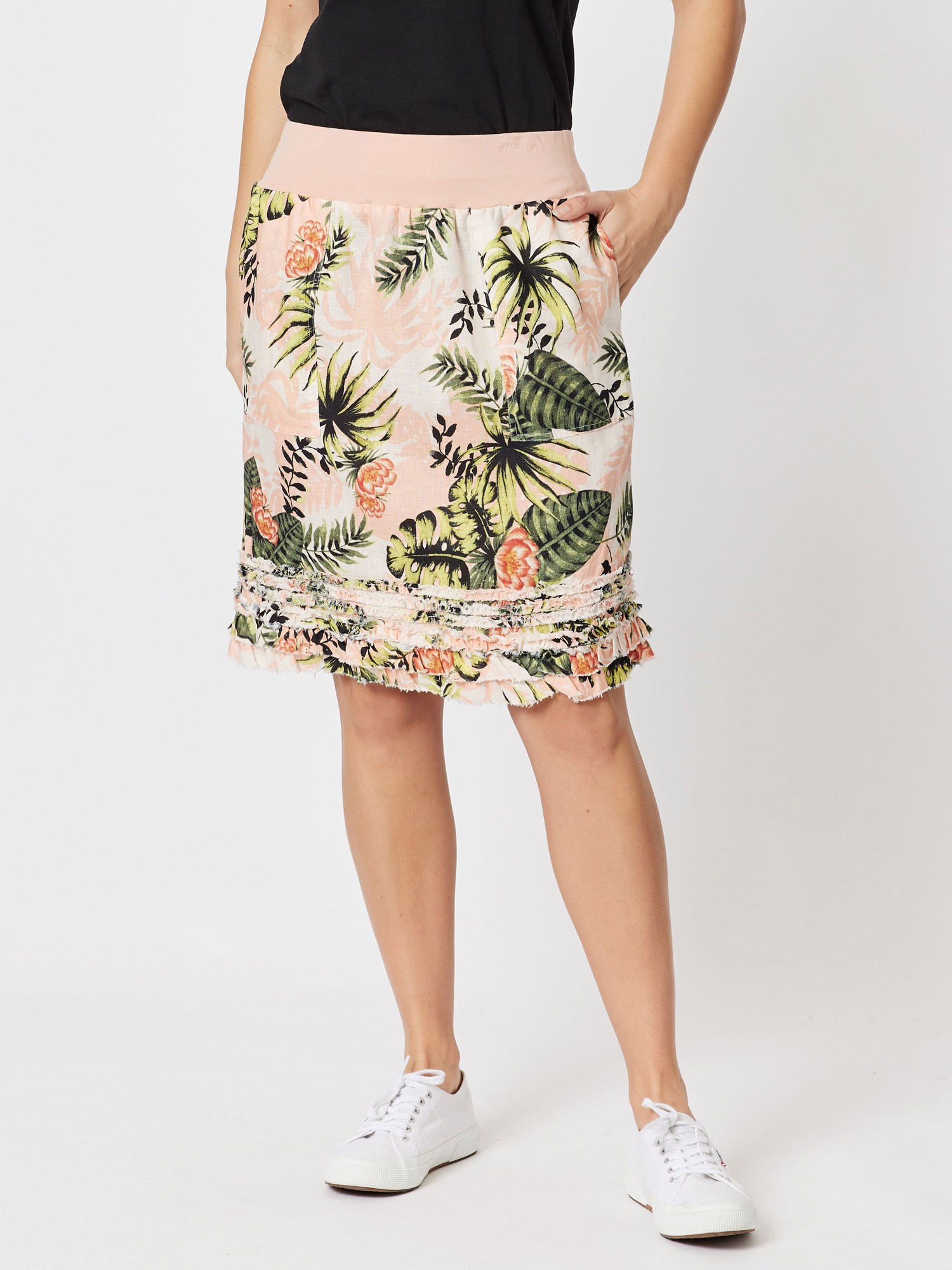 Tropical Print Linen Skirt