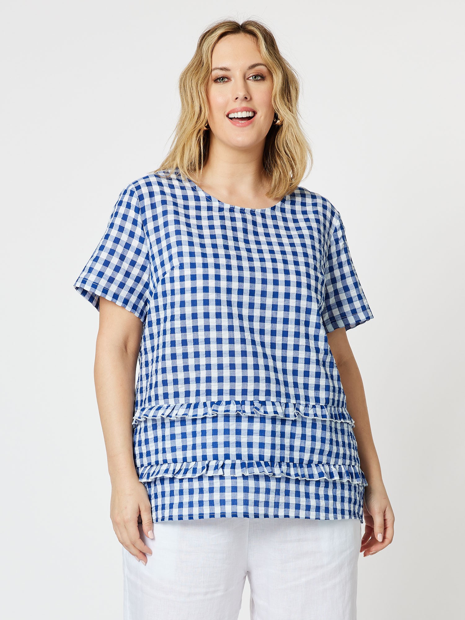 Gingham Check Double Frill Top