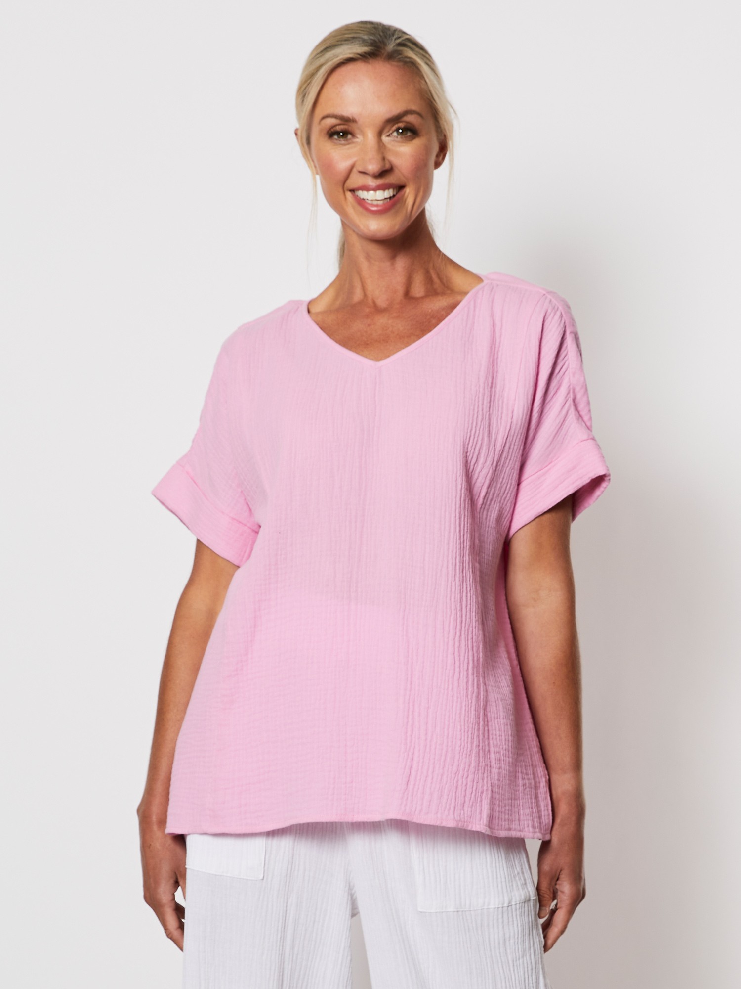 Textured Cotton V Neck Top