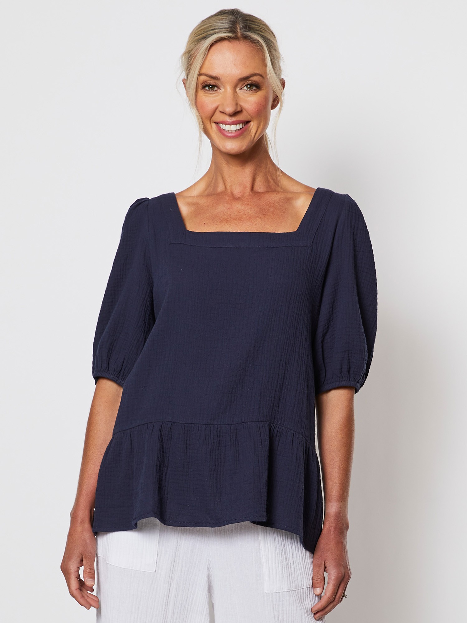 Square Neck Textured Cotton Top