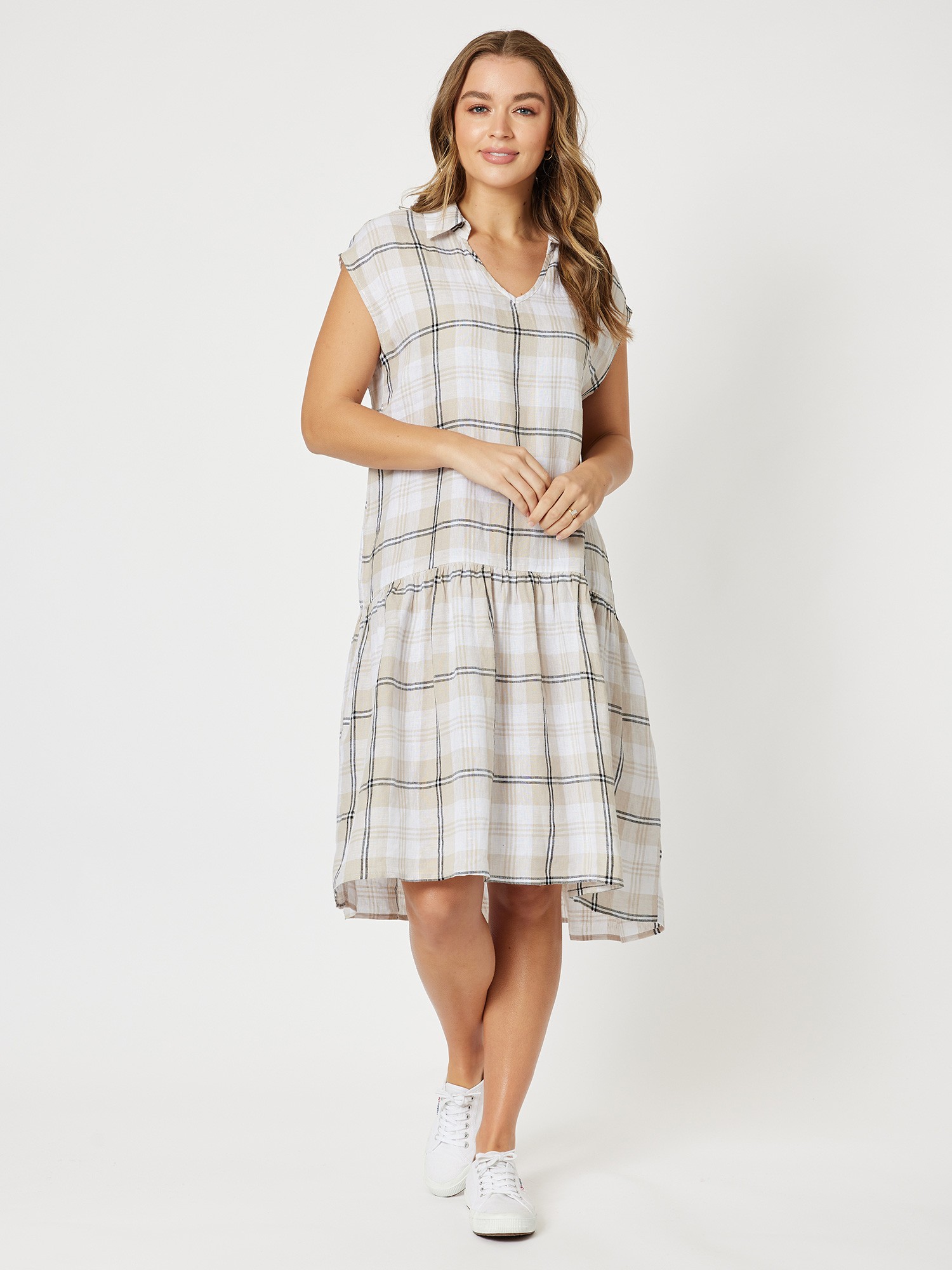 Frill Hem Check Linen Dress