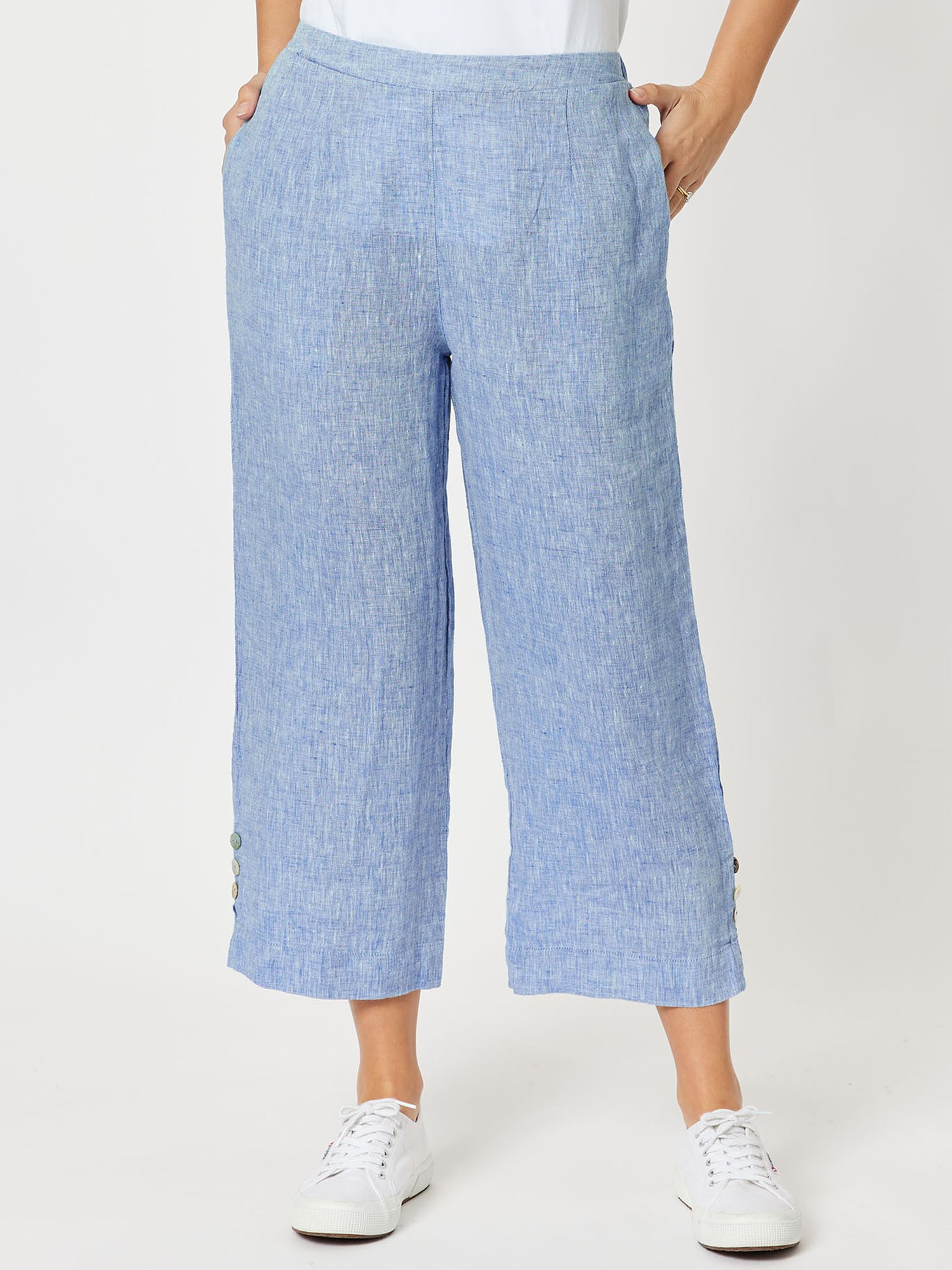 Button Detailed Wide Leg Linen Pant