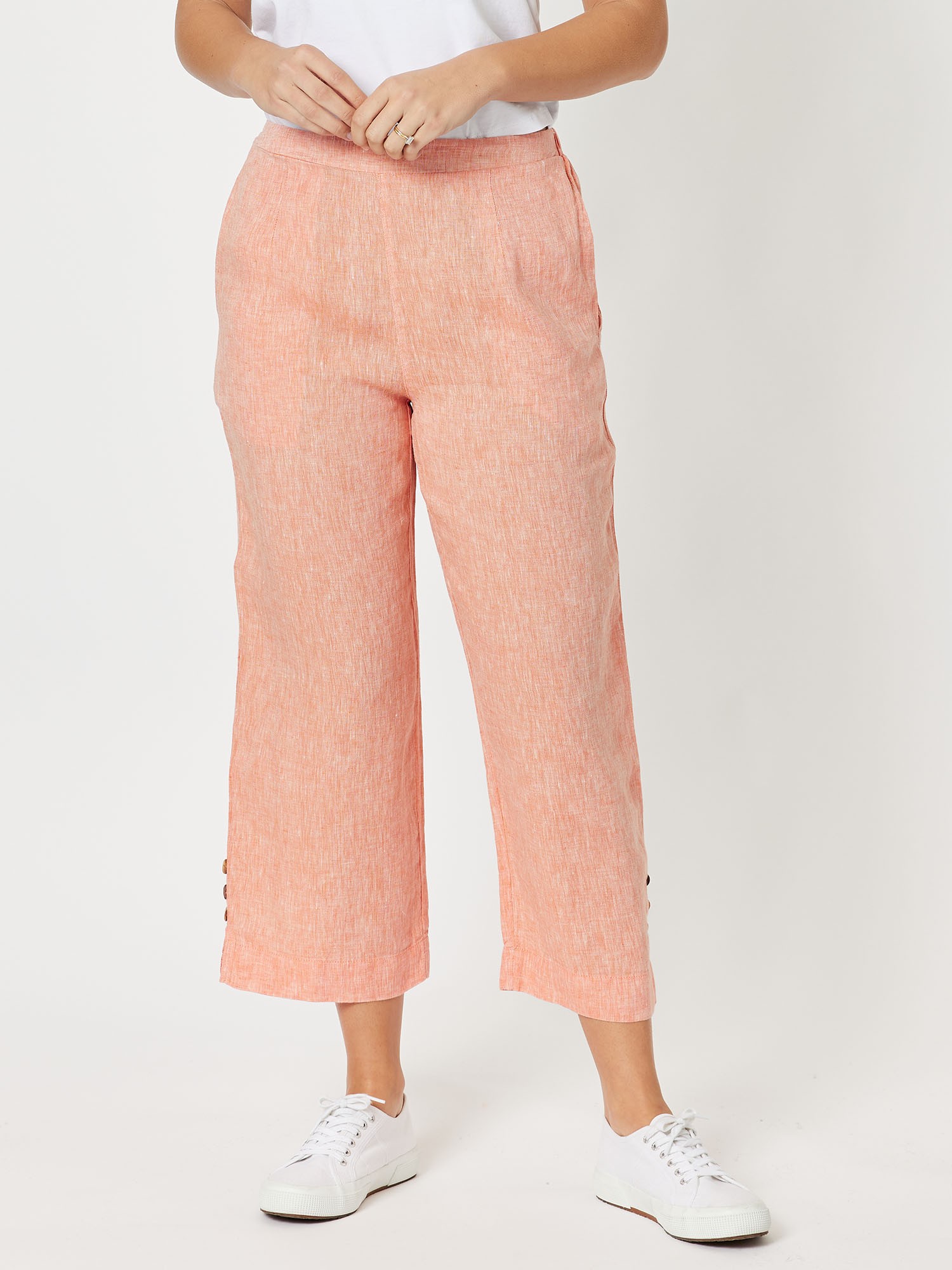 Button Detailed Wide Leg Linen Pant