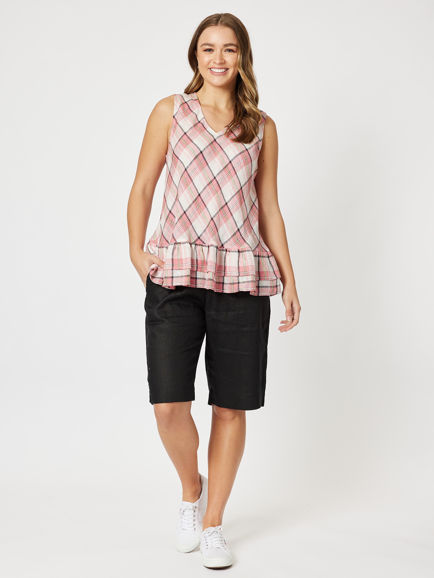 Frilled Hem Check Linen Top