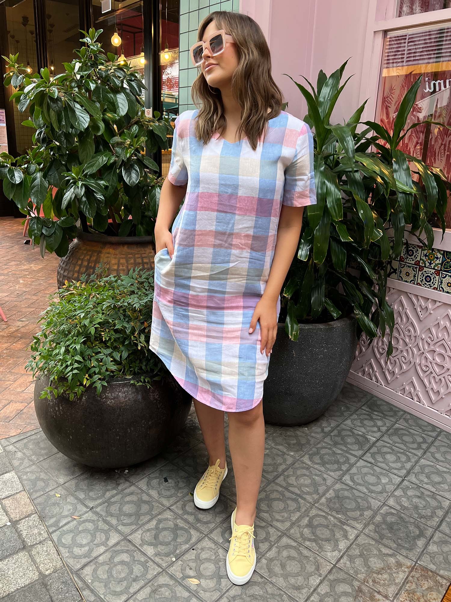 Check Linen Shift Dress