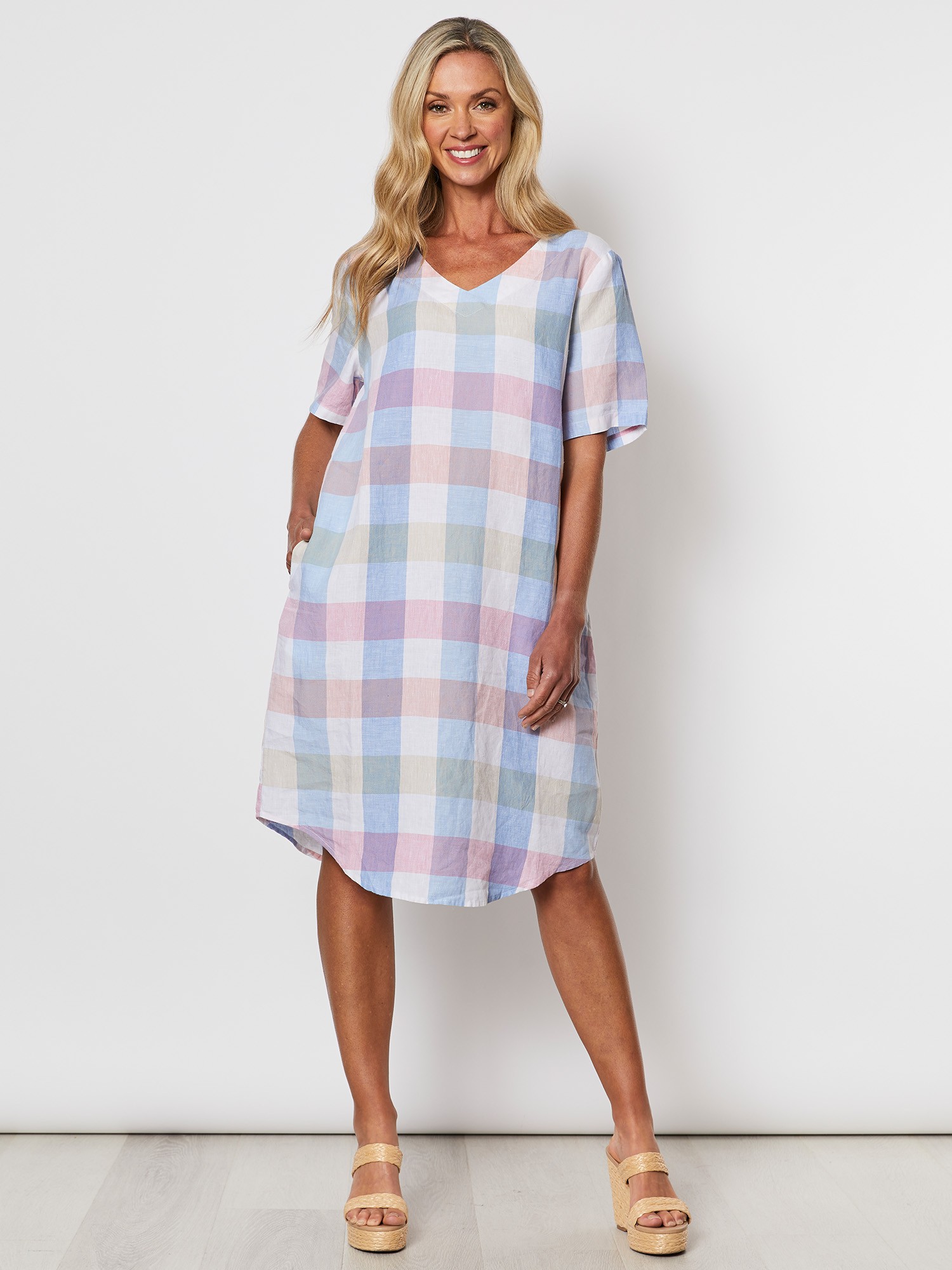 Check Linen Shift Dress