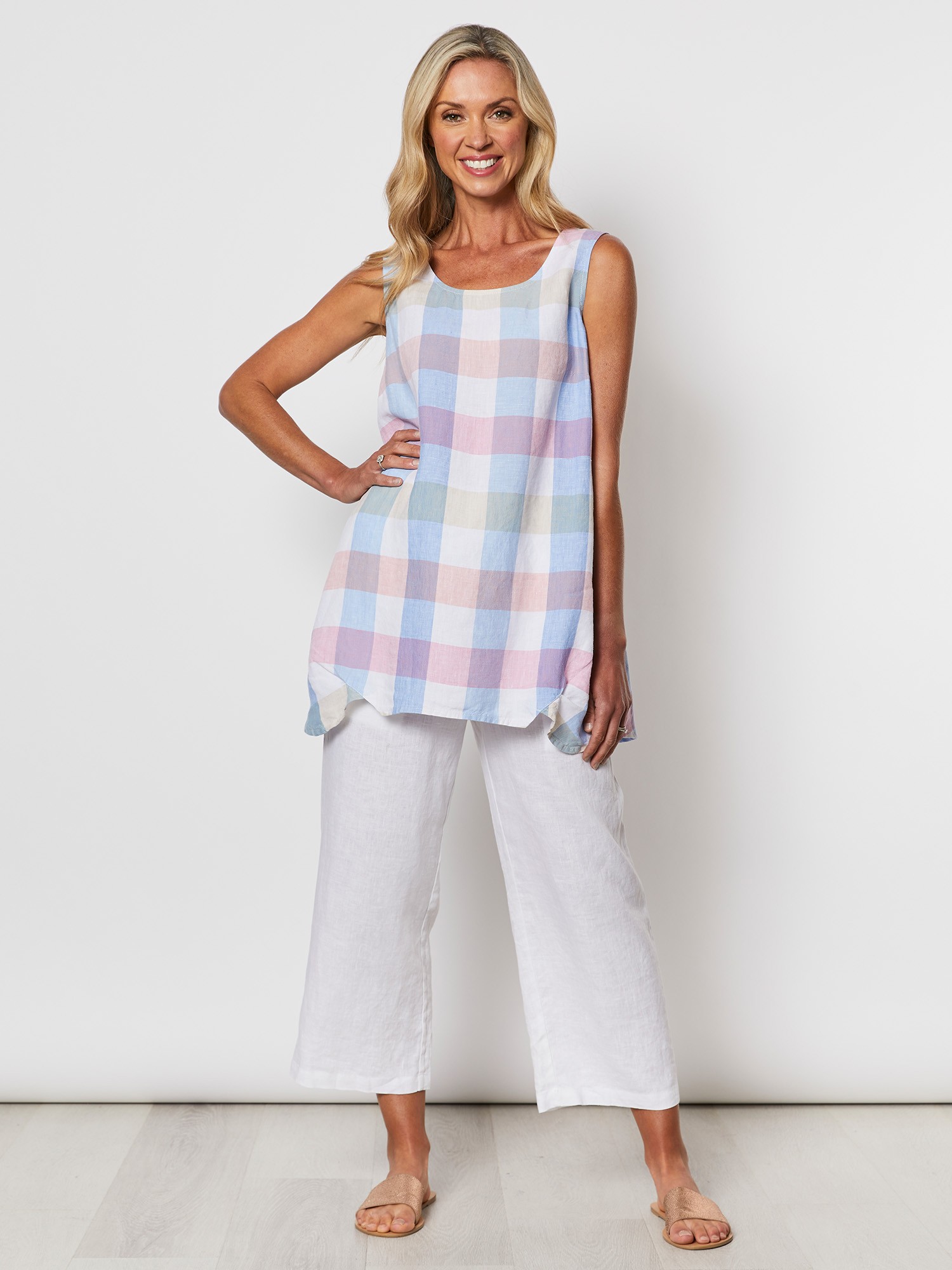 Checked Pleat Hem Linen Tunic