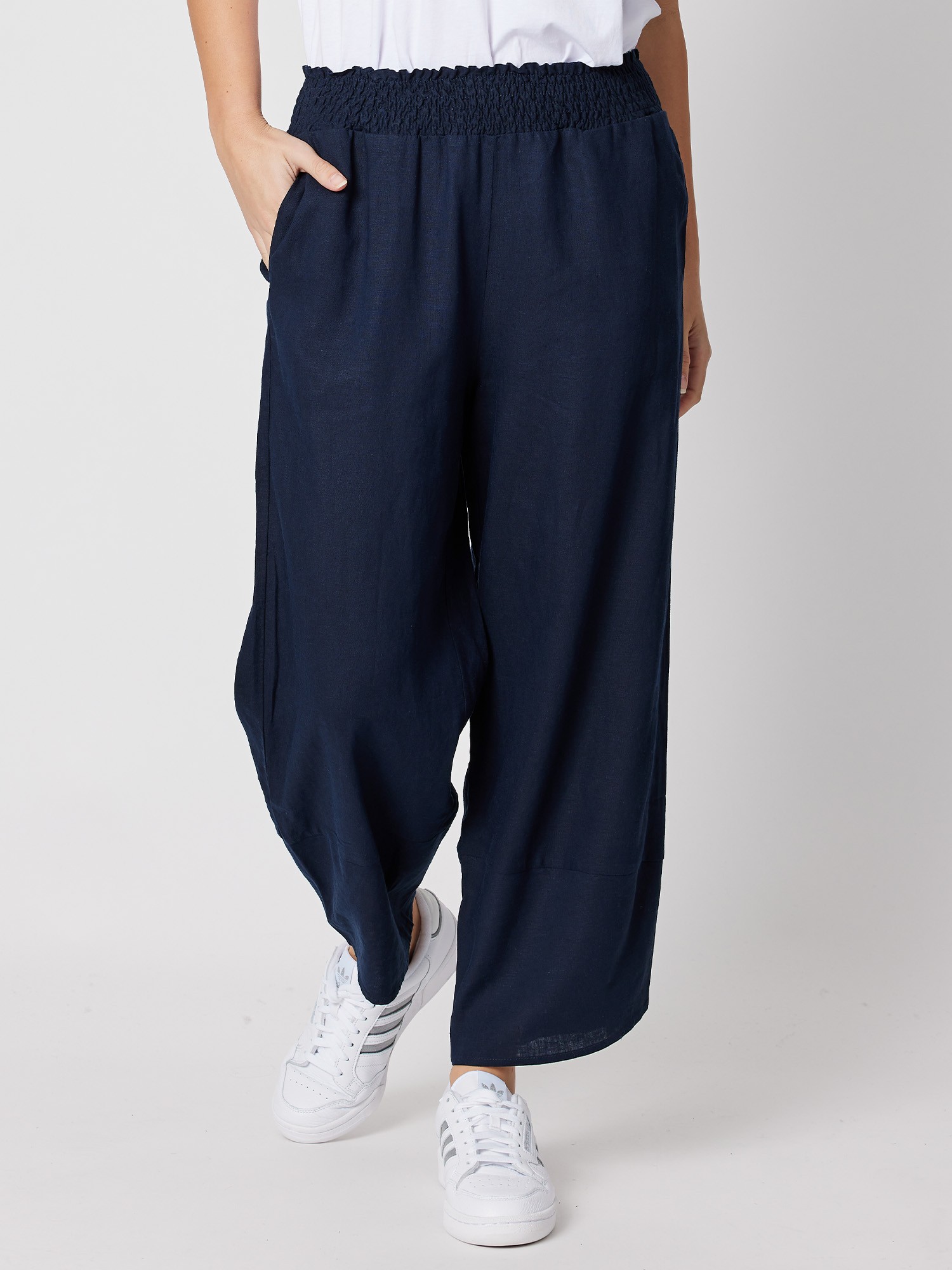 Shirred Waist Linen Blend Pant