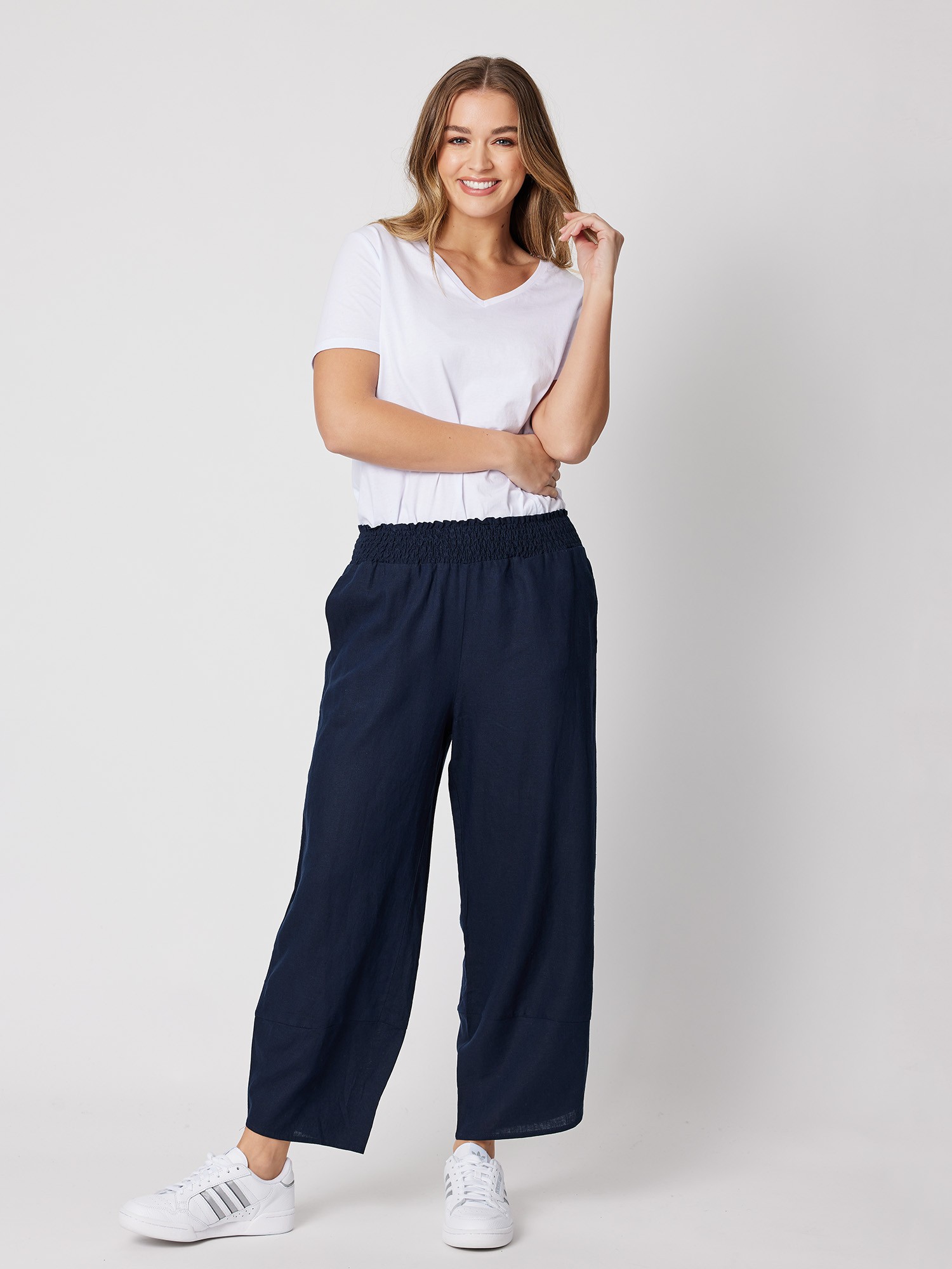 Shirred Waist Linen Blend Pant