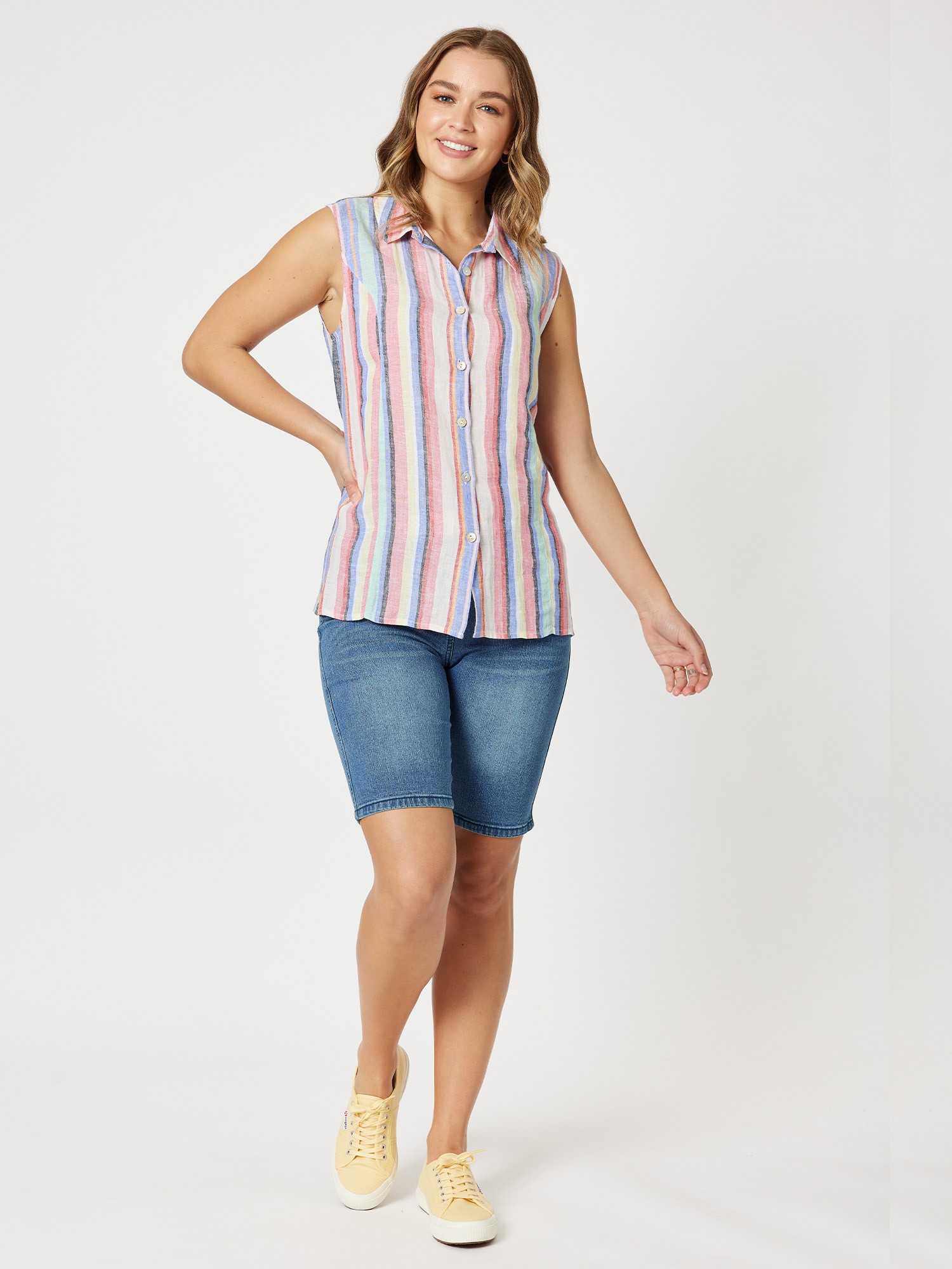 Multi Stripe Sleeveless Linen Shirt