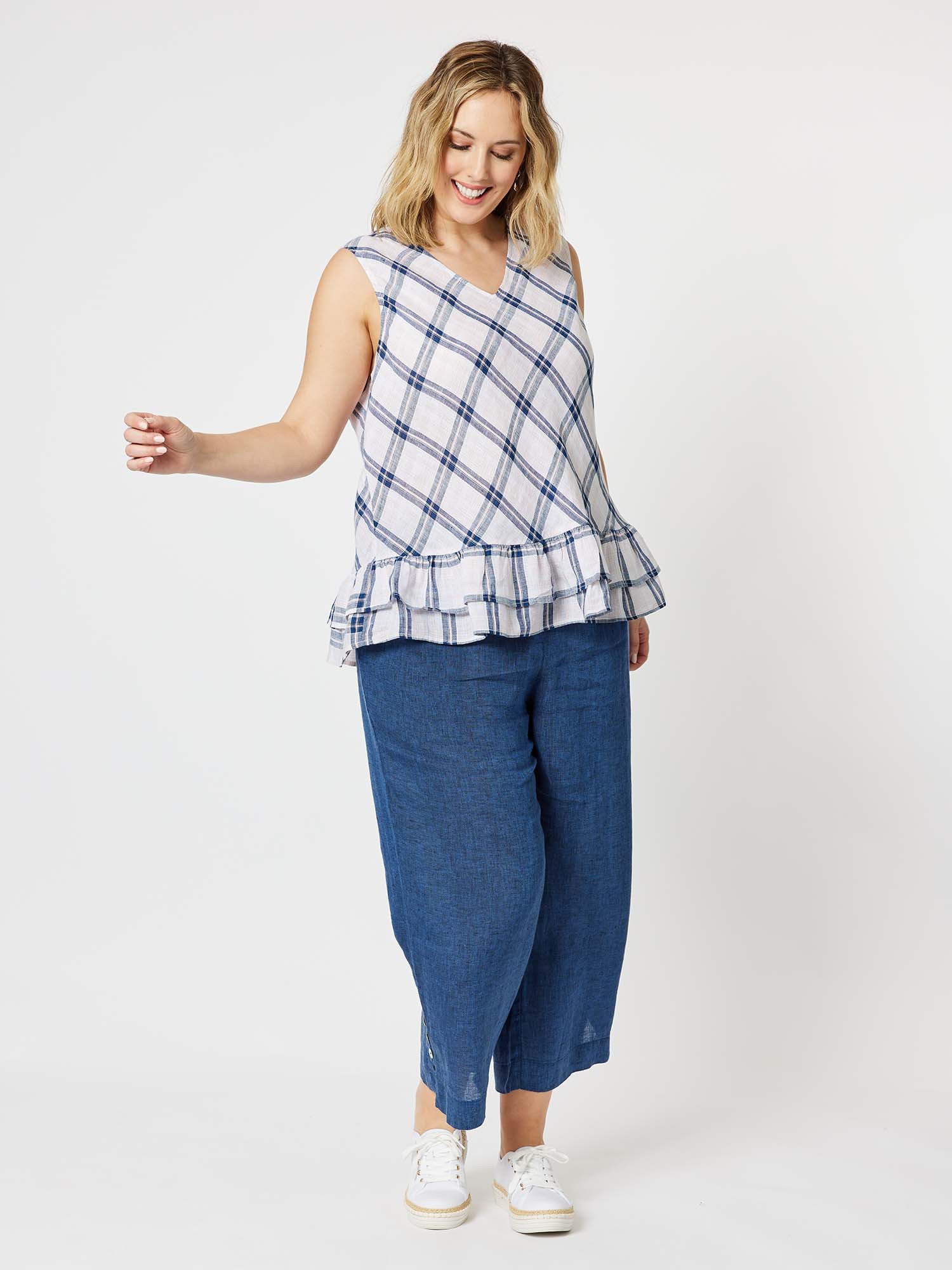 Frilled Hem Check Linen Top