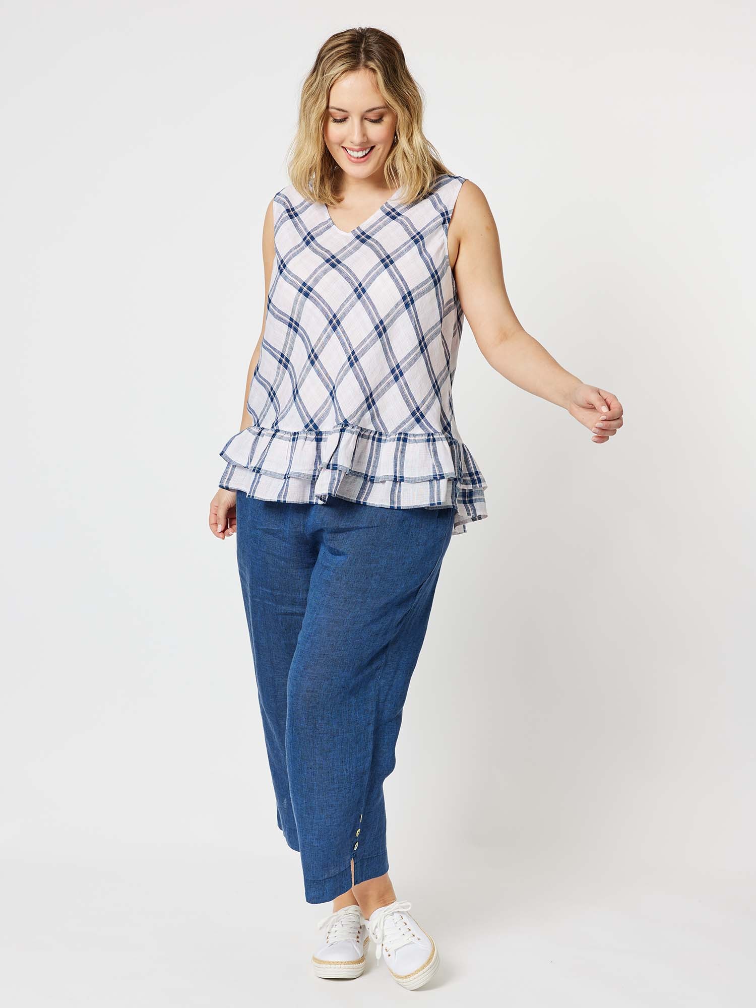 Frilled Hem Check Linen Top