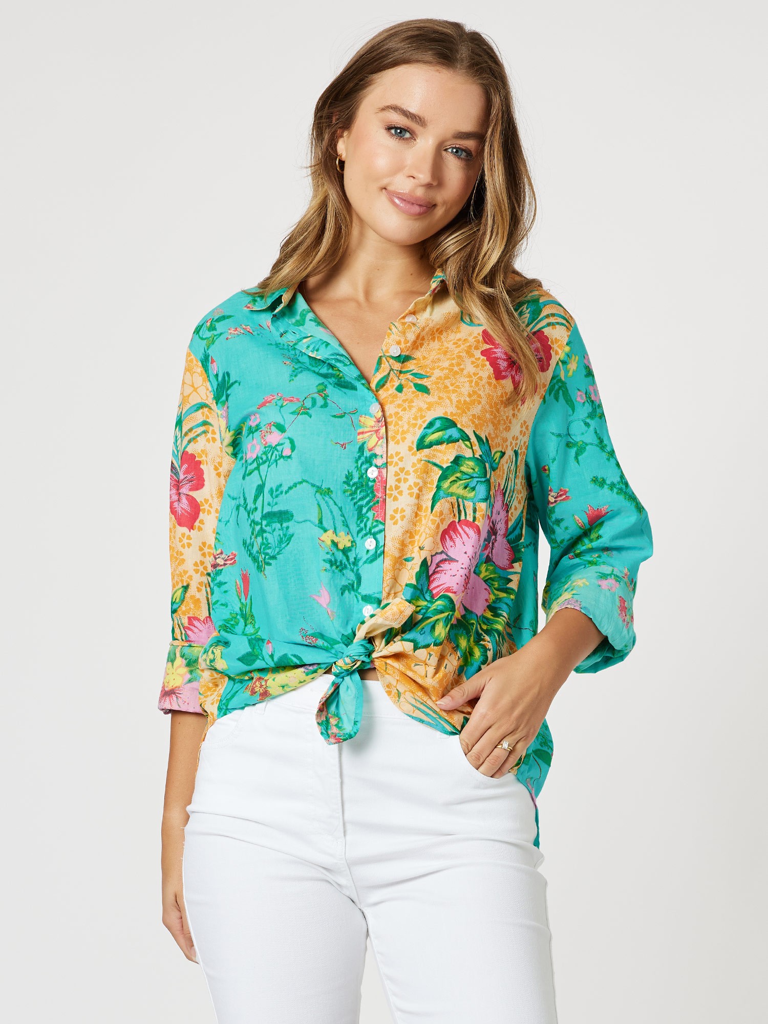 Hawaiian Print Spliced Cotton Shirt