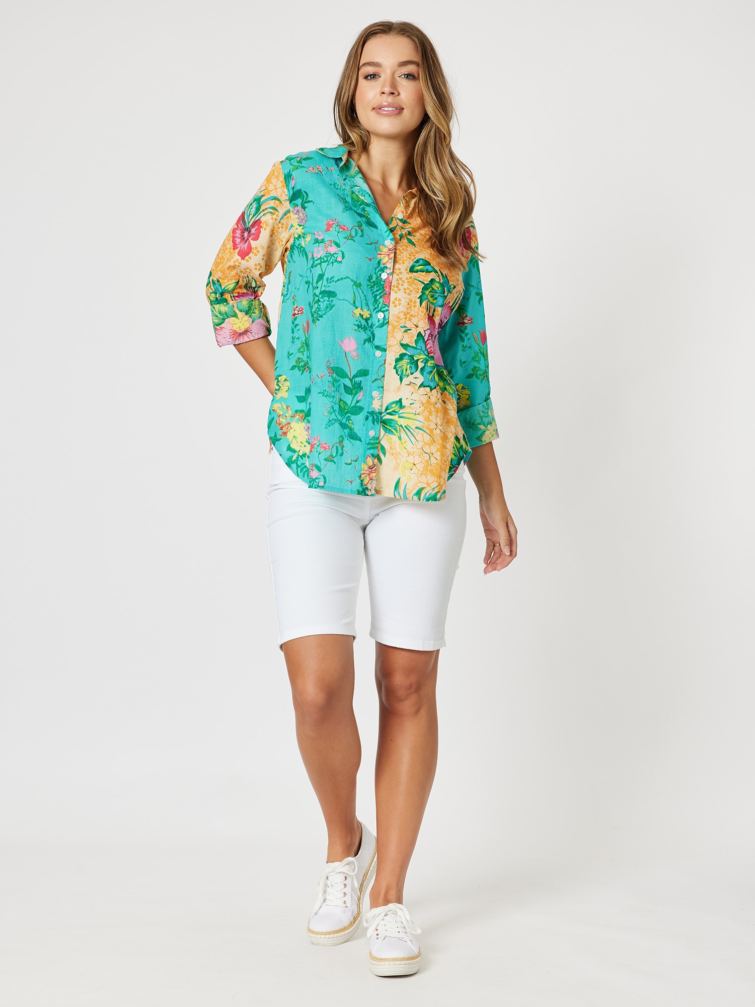 Hawaiian Print Spliced Cotton Shirt