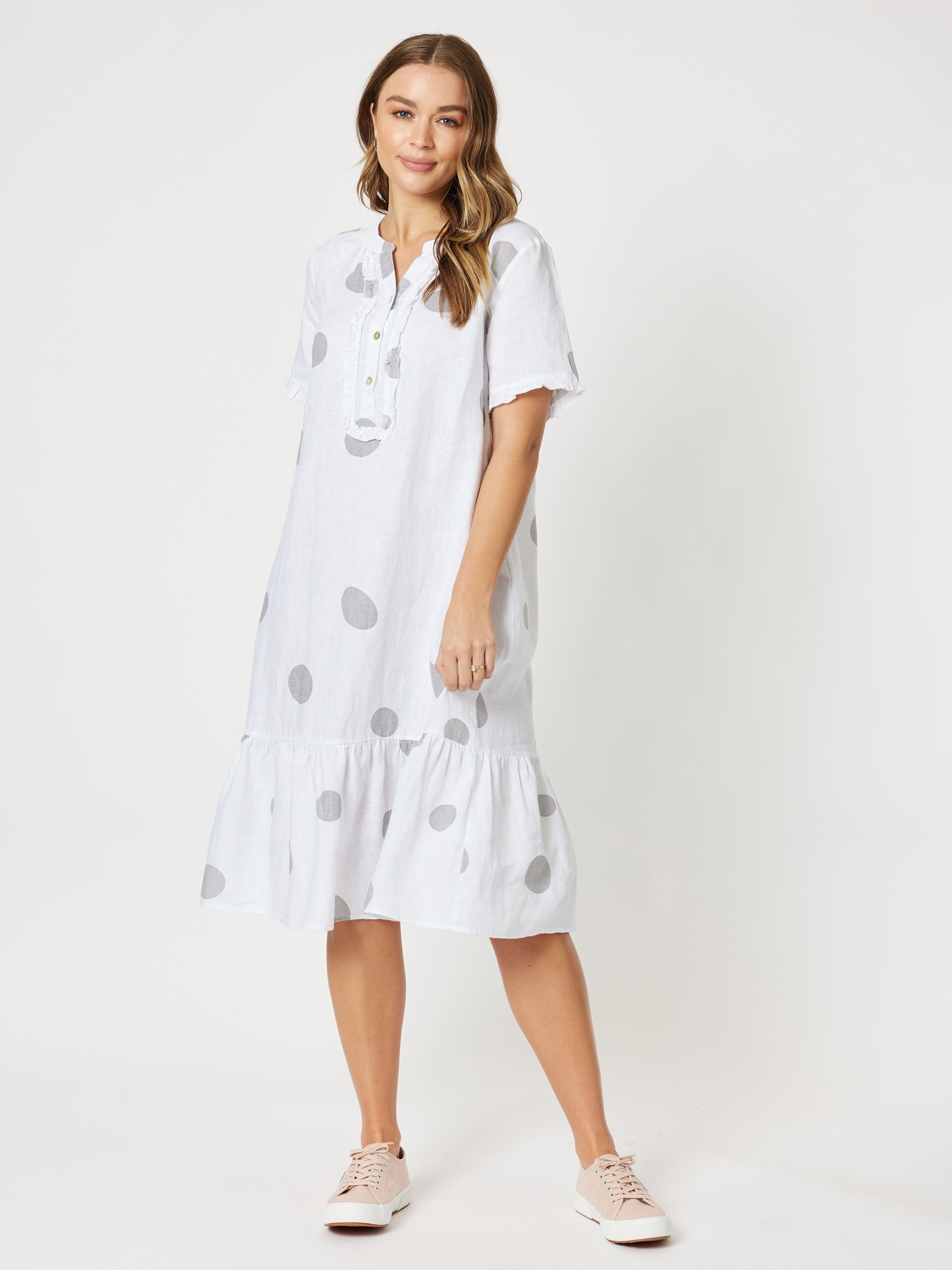 Spot Button Collar Linen Dress