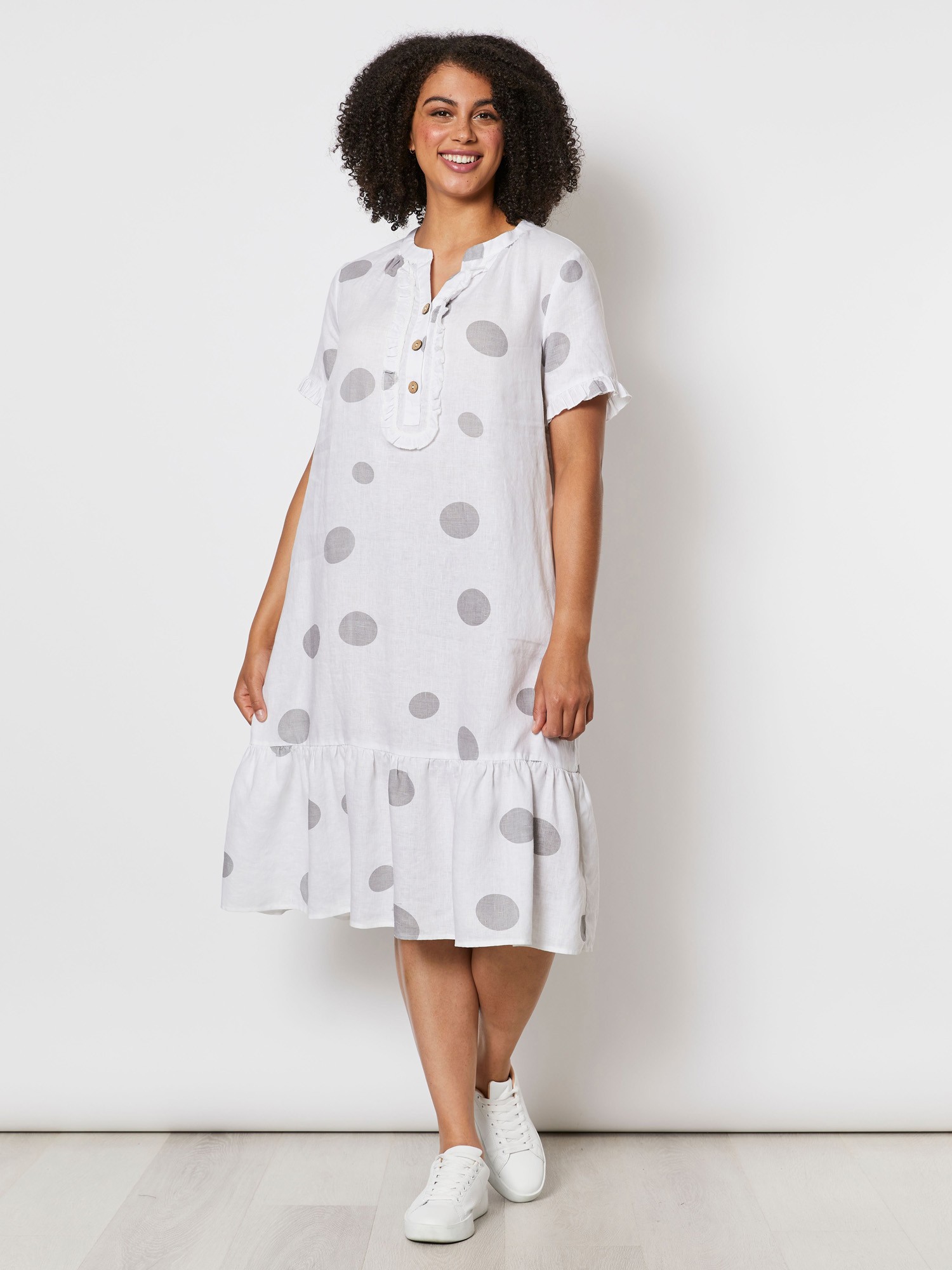 Spot Button Collar Linen Dress