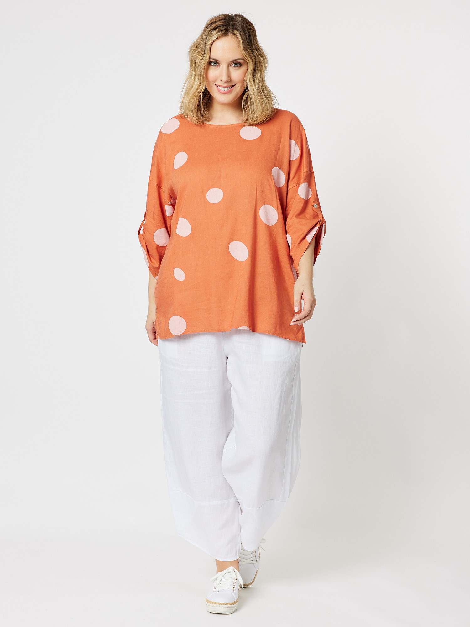 Spot Linen Tab Sleeve Top