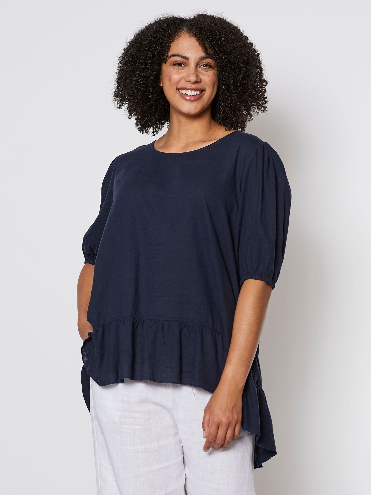 Linen Blend Ruffle Hem Tunic Top