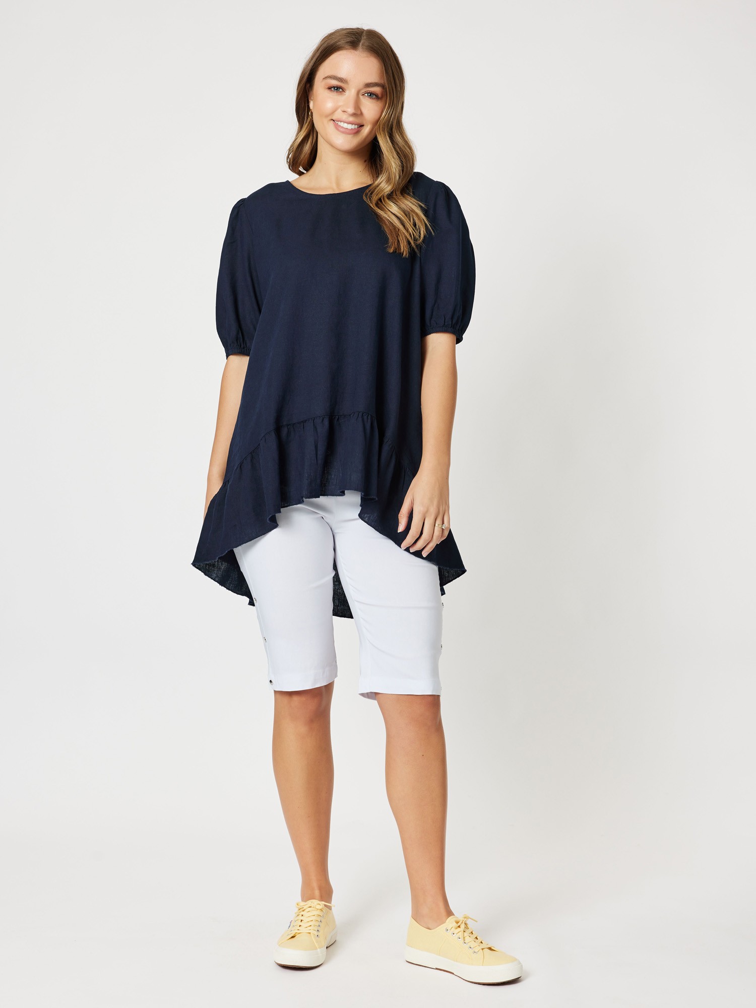 Linen Blend Ruffle Hem Tunic Top