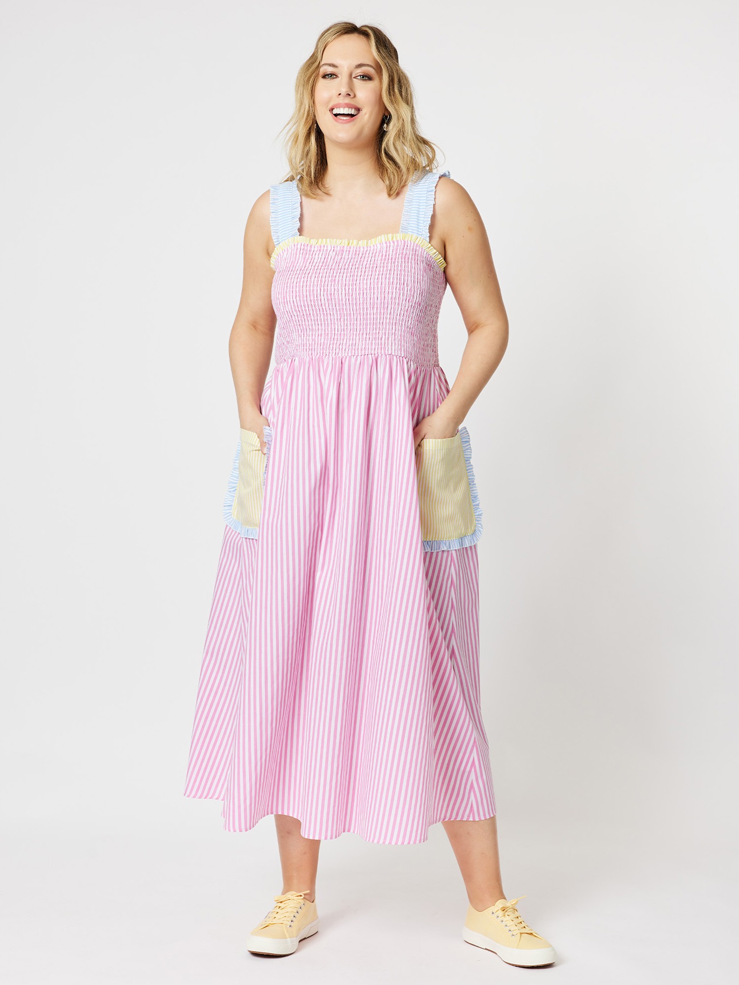 Shirred Stripe Cotton Dress