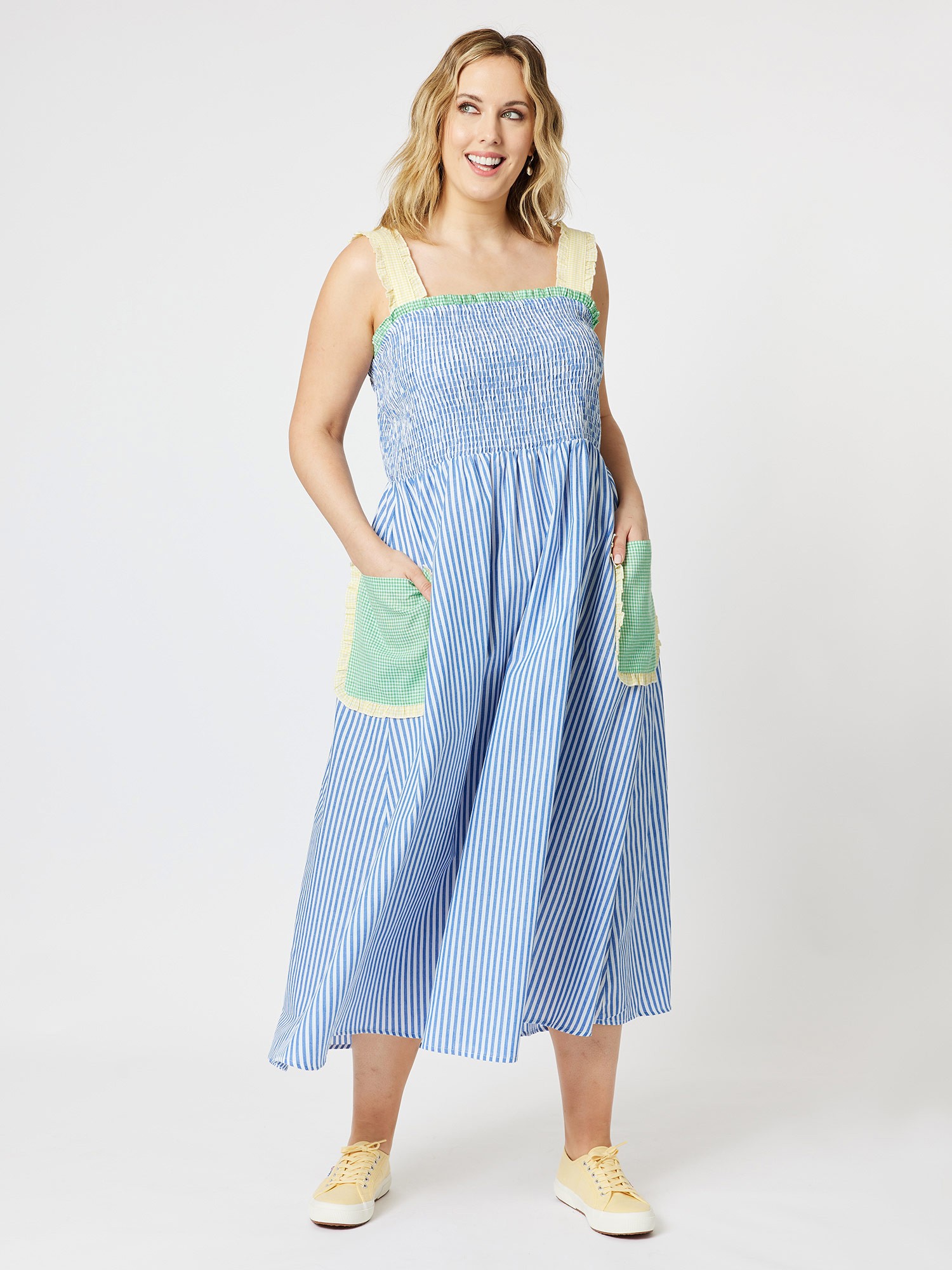 Shirred Stripe Cotton Dress