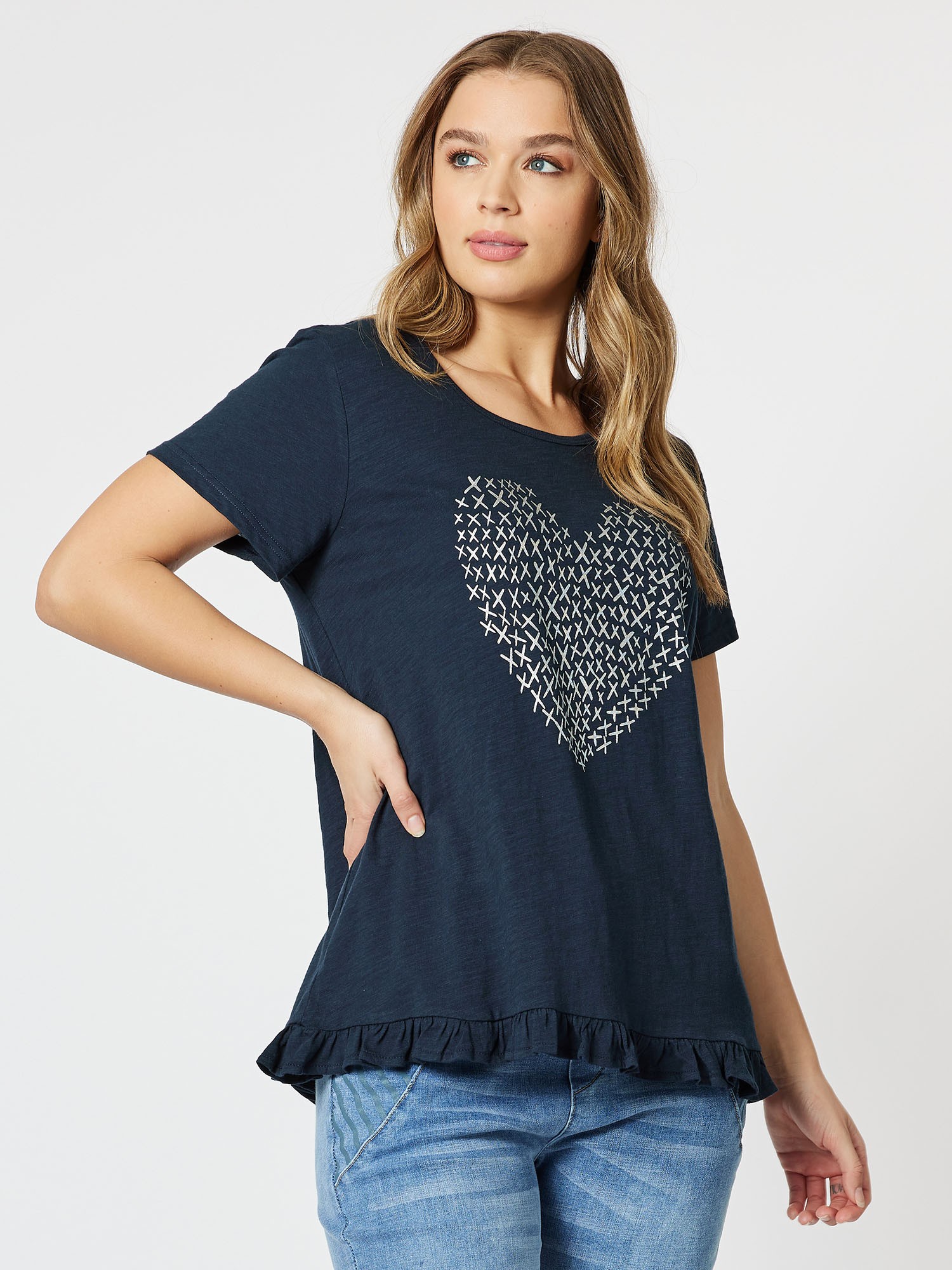 Heart Print Frill Hem Cotton Tee