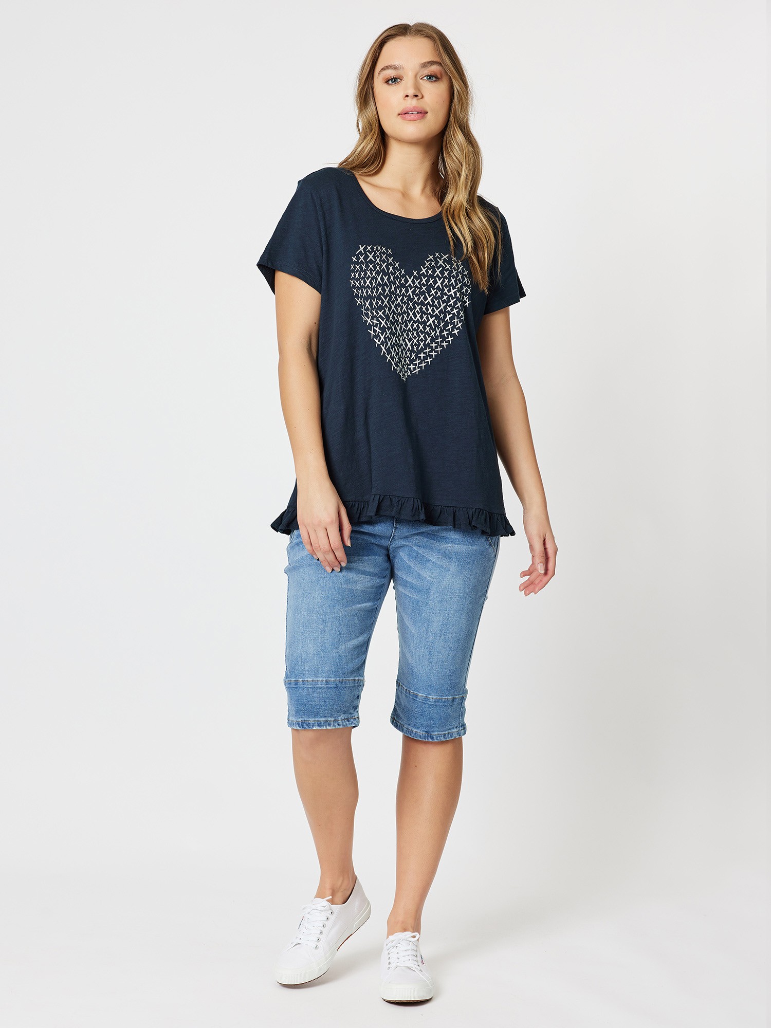 Heart Print Frill Hem Cotton Tee