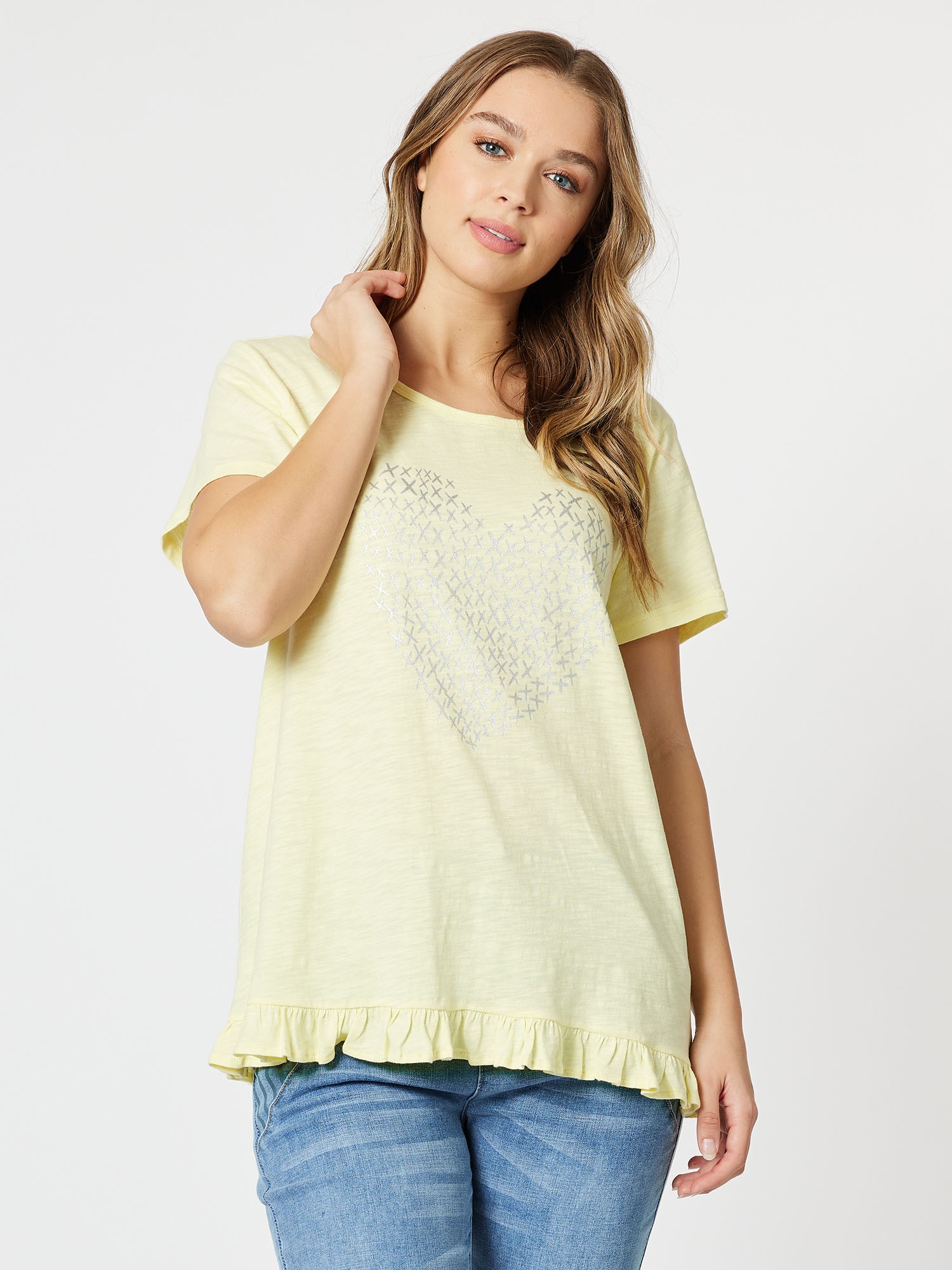 Heart Print Frill Hem Cotton Tee